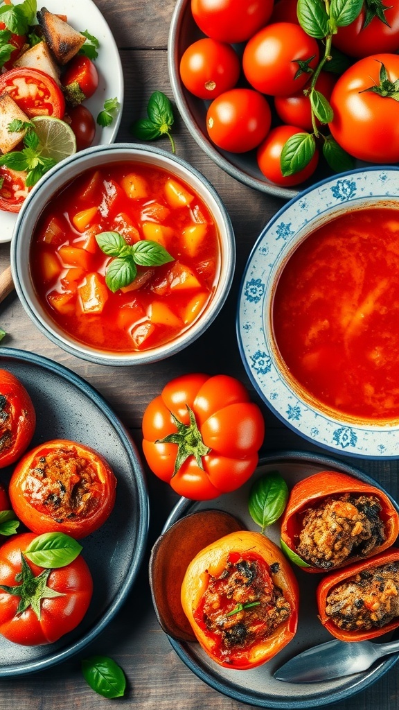 An assortment of tomato dishes including salad, soup, stuffed tomatoes, and roasted tomatoes on a rustic table.